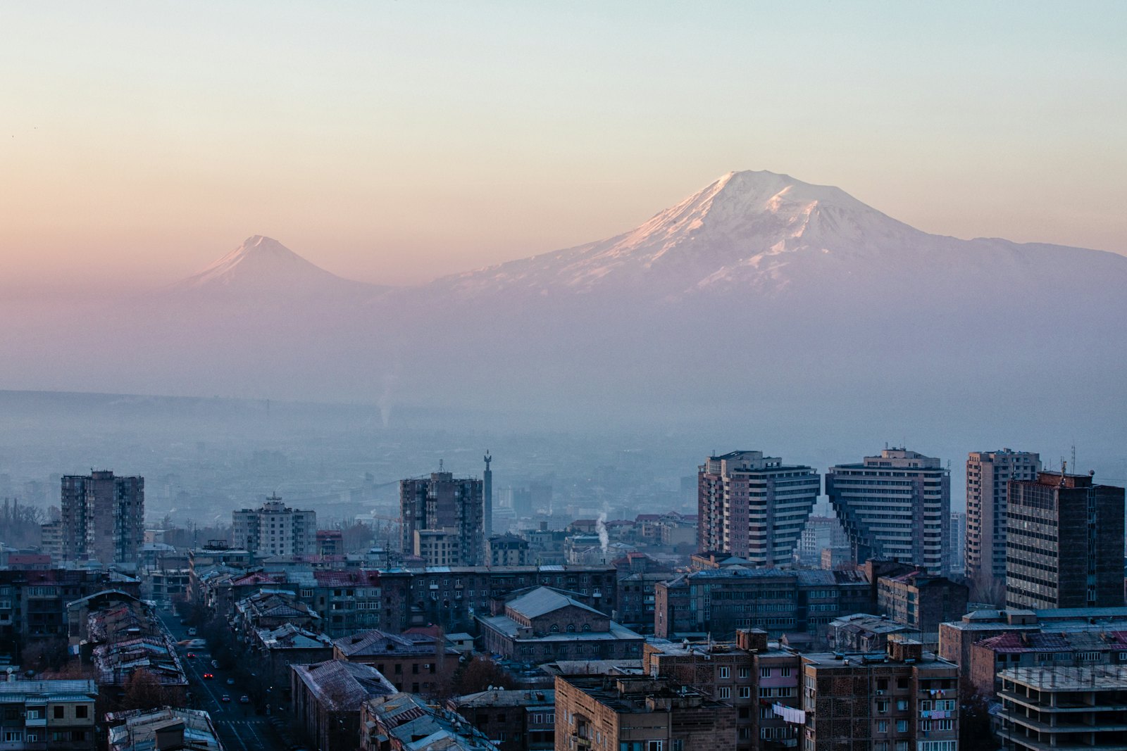 Aerial view of Yerevan through morning mist