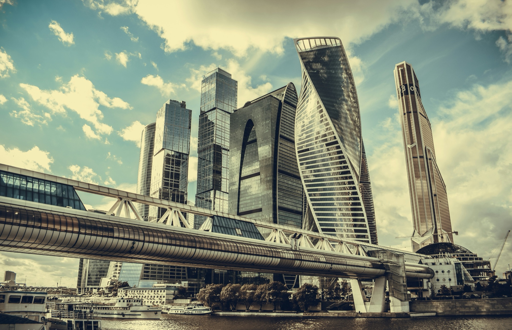 Radisson Collection Hotel and Moscow City skyline at sunset